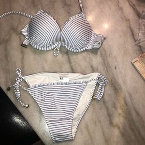 blue and white striped bikini